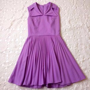 Vtg 70s Small Medium Fit Flare Dress Purple Poly Knit Pleat Skirt Notch Collar